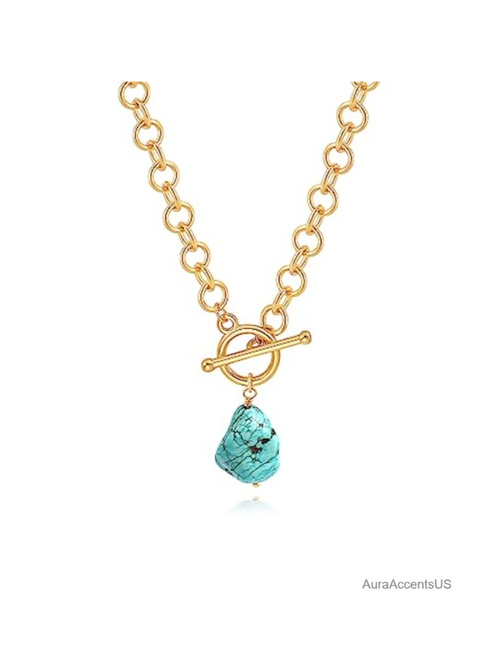 18k Gold Plated Rolo Chain Toggle Necklace with Turquoise Pendant for Women